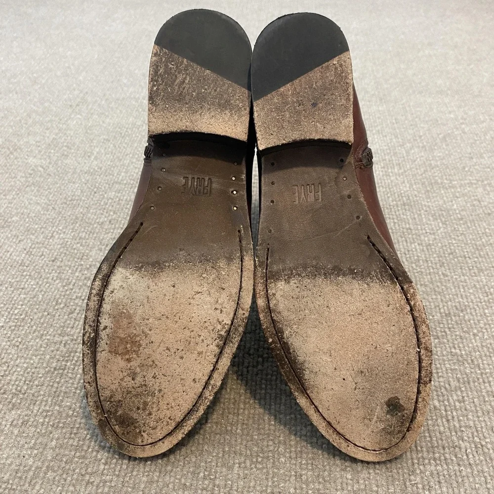 Frye Booties Womens Size 7.5‎ Brown Leather Ankle Zip Block Heel 3477000-JDD